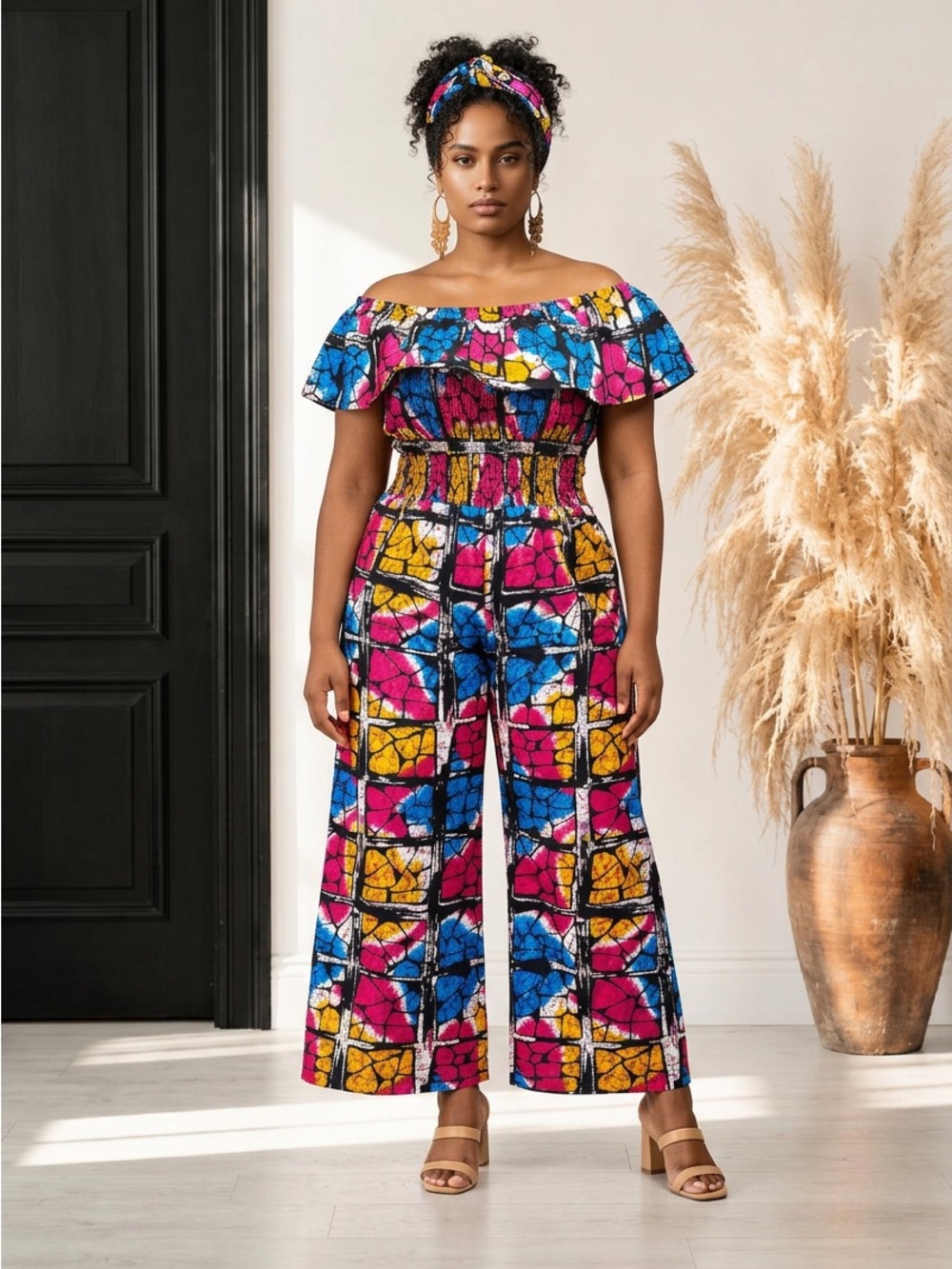 African Print Ruffled Neckline Jumpsuit (Blue, Pink, Yellow) with head wrap